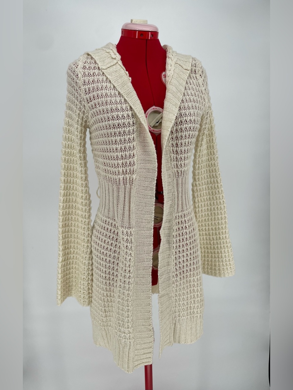 Y2K Cream Hooded Say What? Cardigan Sweater Gold Metallic Threads Flared Sleeves